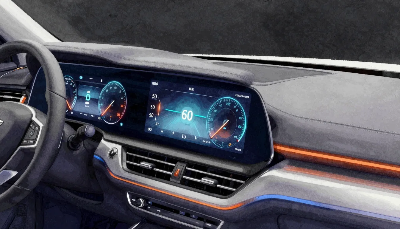 Watercolor style. A stylized car dashboard with a digital sc...