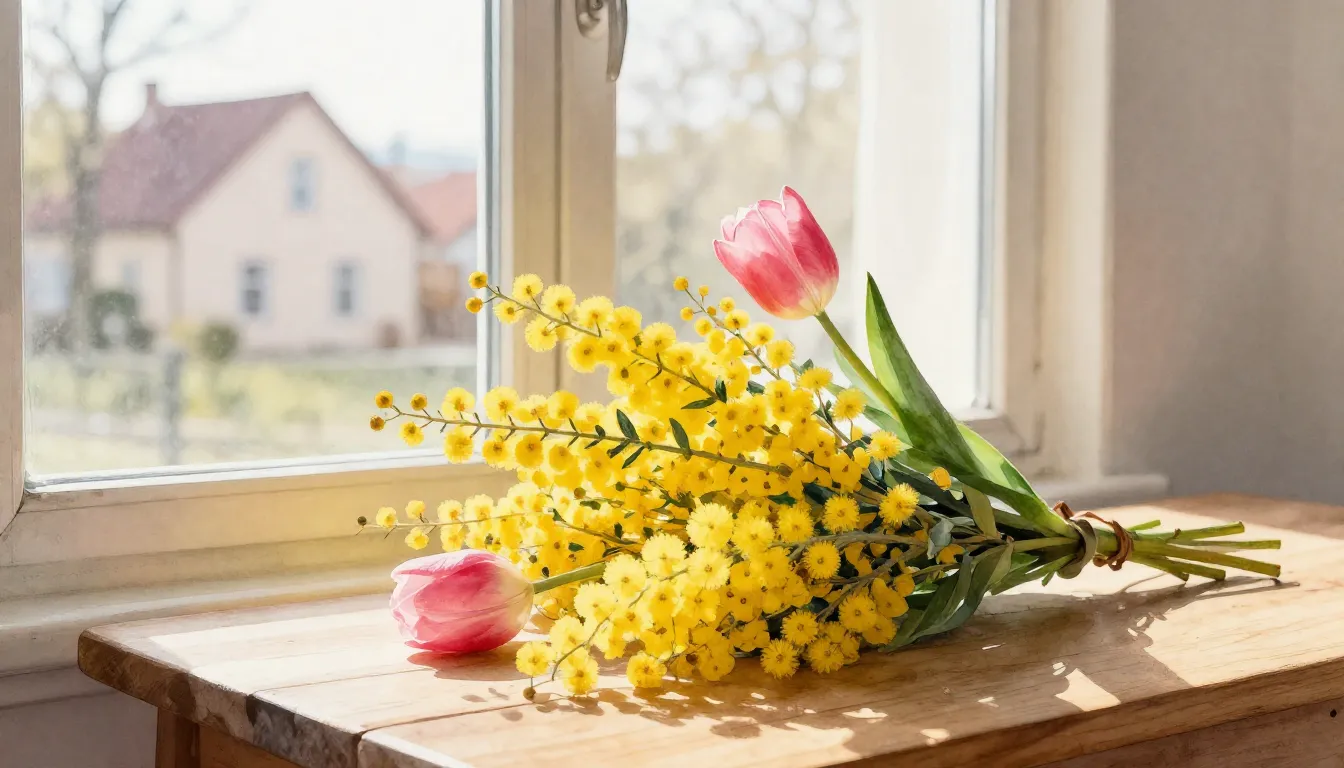 Watercolor style. A bouquet of bright yellow mimosas and pin...
