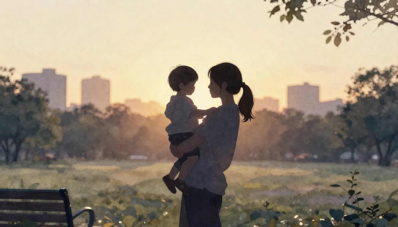 Watercolor style. A silhouette of a mother holding a small c...