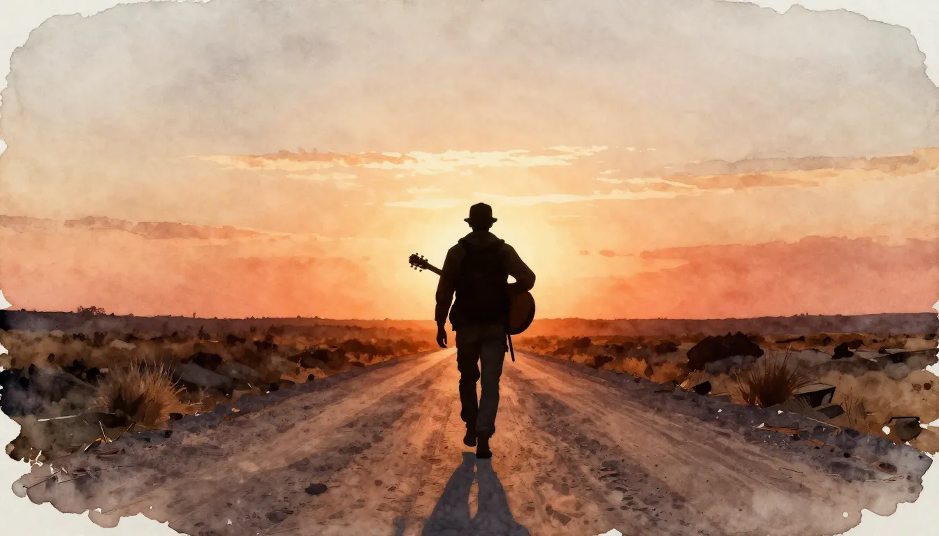 Watercolor style. Silhouette of a lonely traveler with a gui...