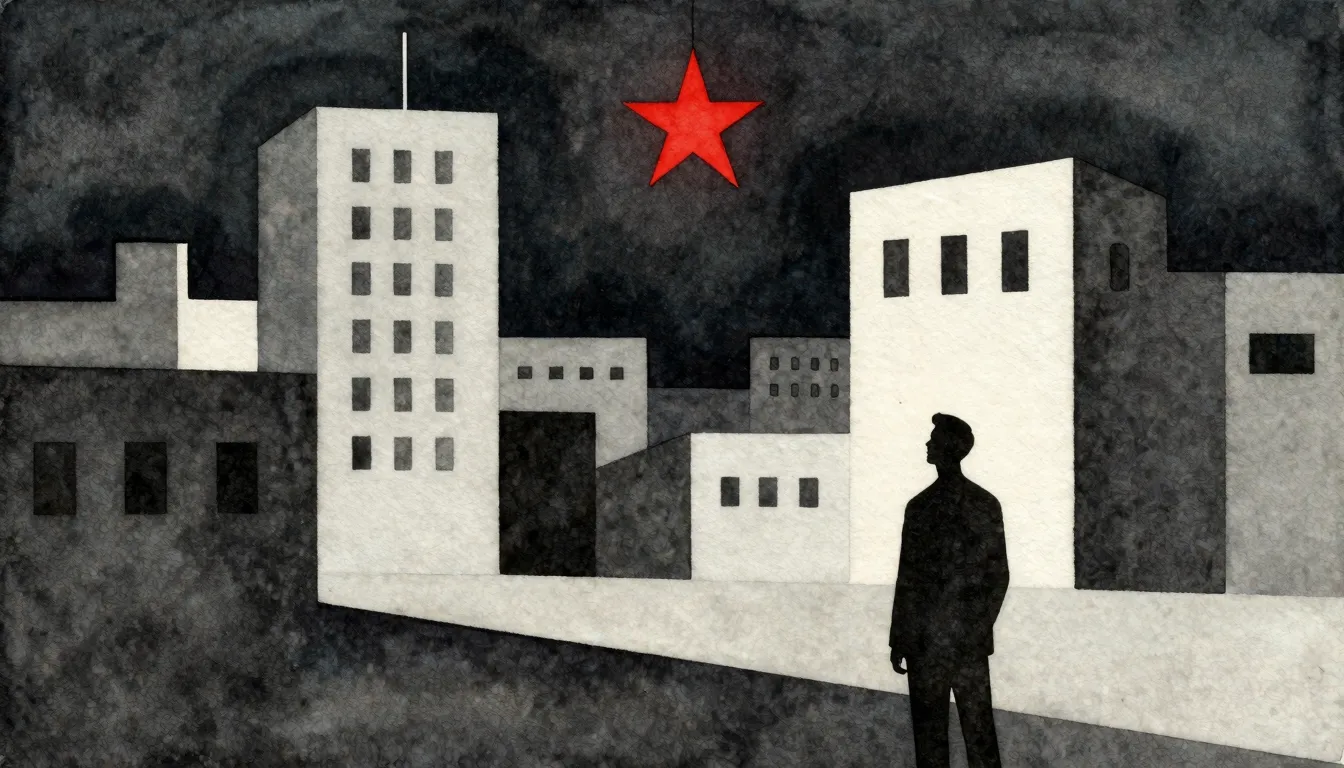 Watercolor style. A stark, minimalist cityscape at night, wi...