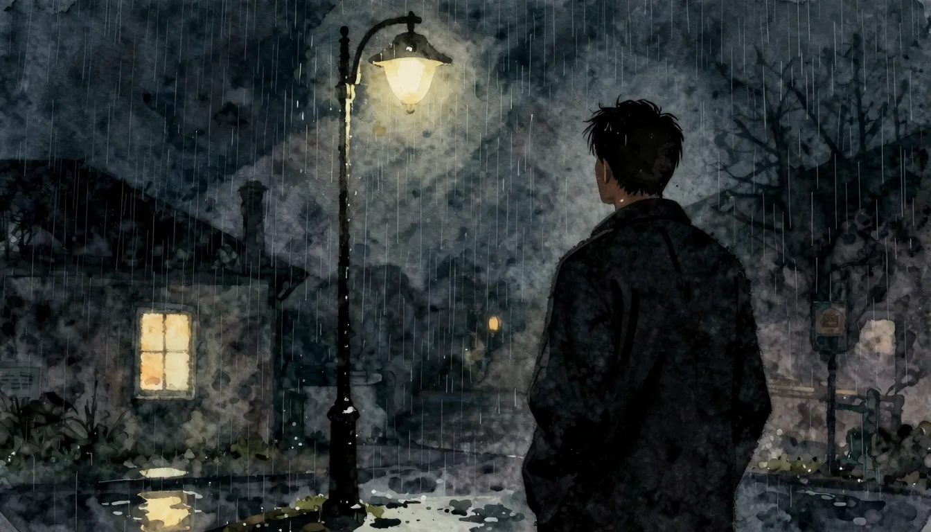 Watercolor style. A silhouette of a man standing under a sin...