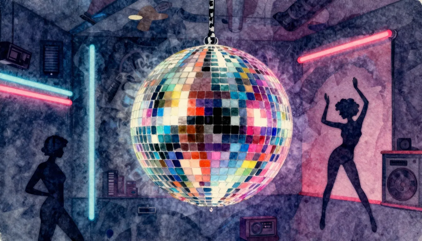 Watercolor style. A glowing disco ball in a dark room with c...
