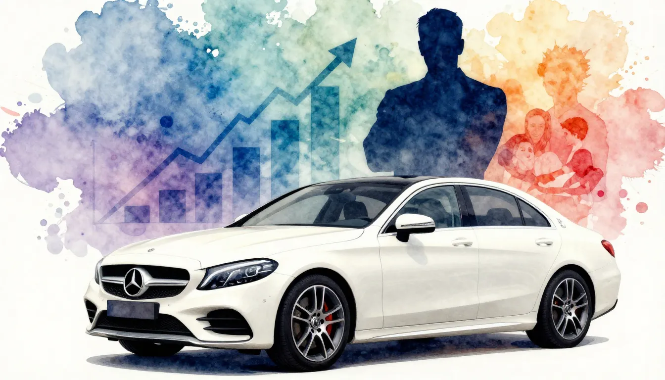 Vibrant watercolor style. A sleek white Mercedes-Benz, a sil...
