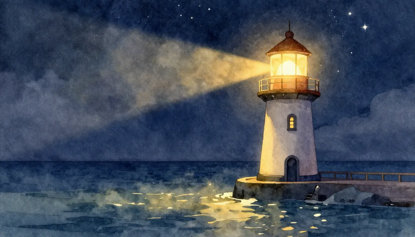 Watercolor style. A glowing lighthouse on a calm night, warm...