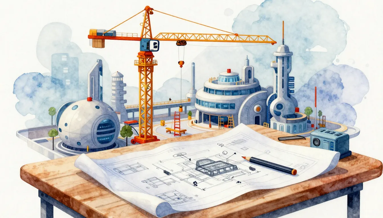 Watercolor style. Stylized construction site of a futuristic...