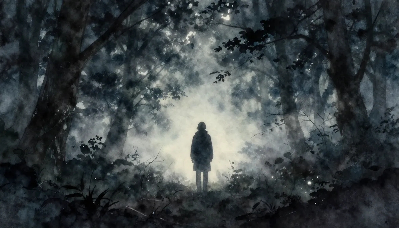 Watercolor style. Dark silhouette of a lonely figure in a mi...