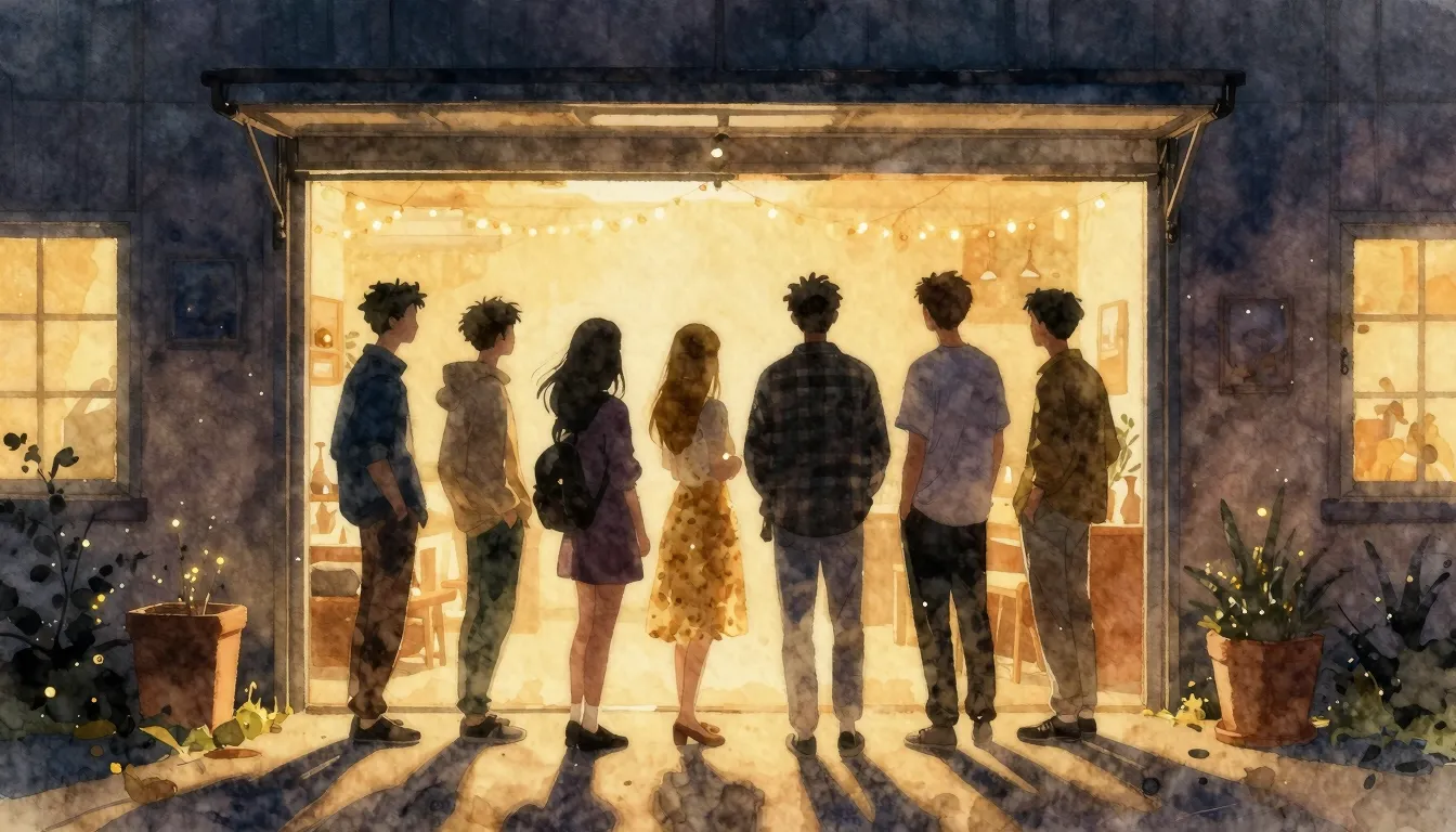 Watercolor style. A silhouette of a group of friends standin...