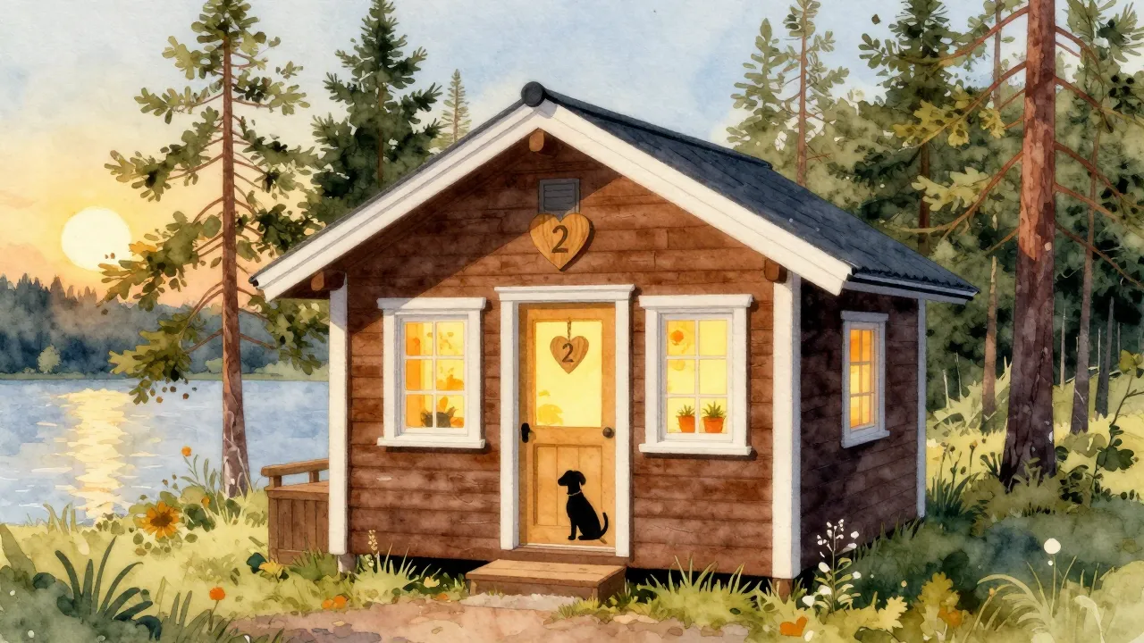 Vibrant watercolor style. A cozy Scandinavian cabin at golde...