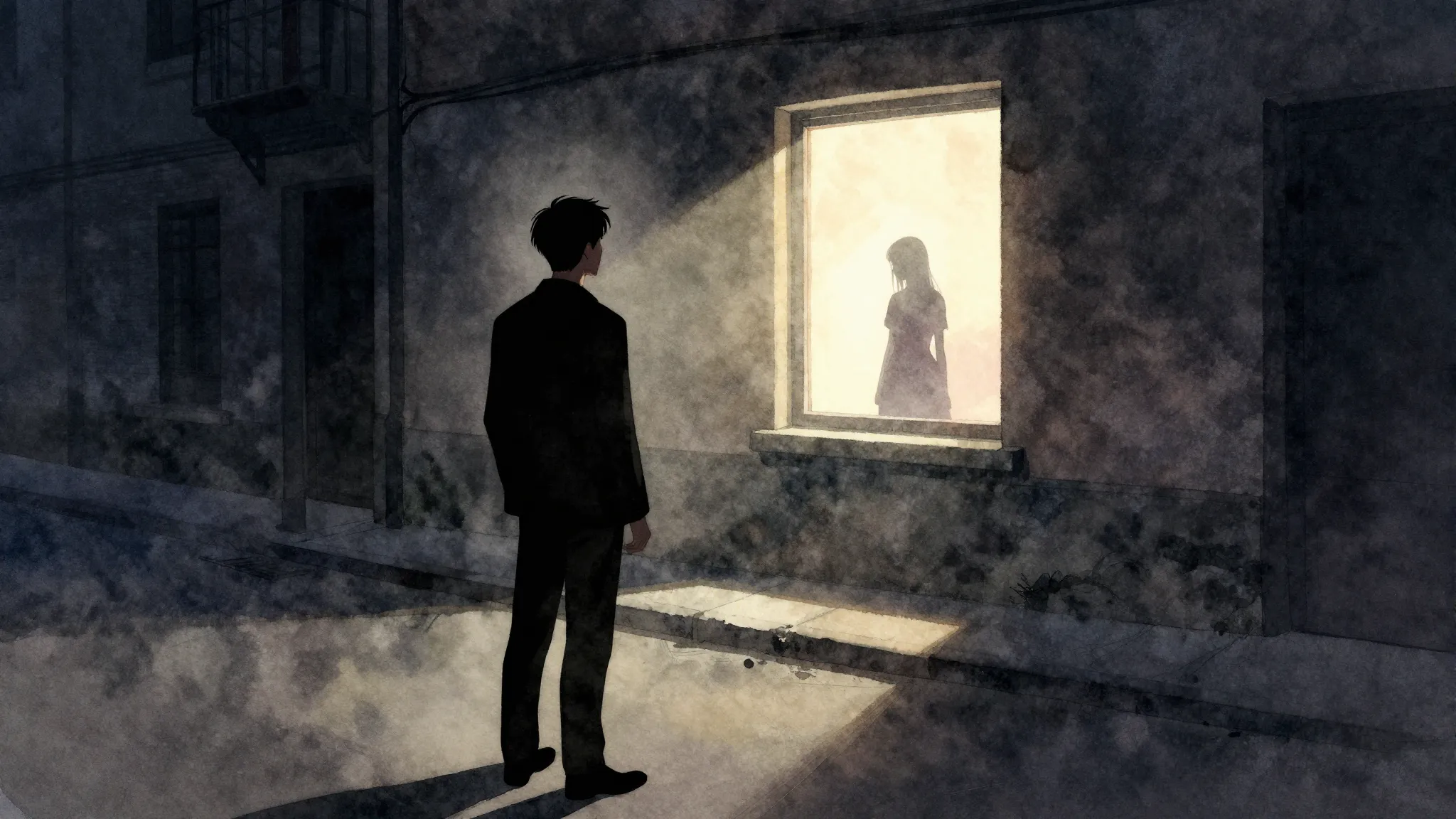 Watercolor style. A silhouette of a man stands in a dark, em...
