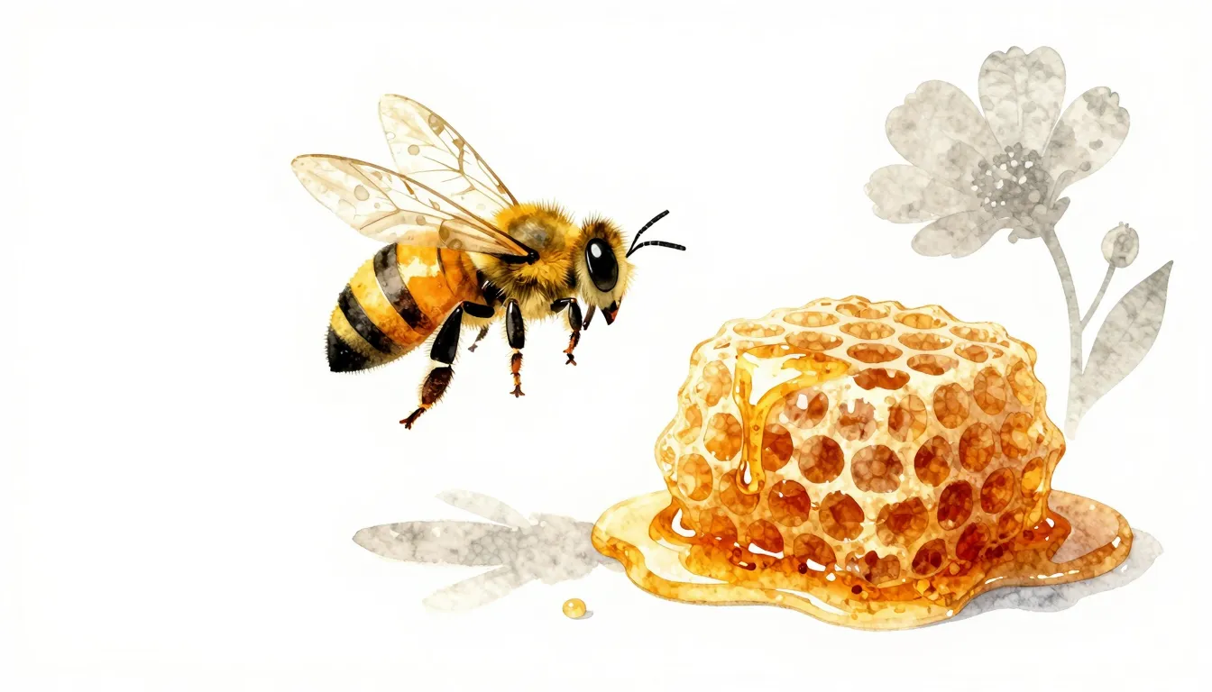 Watercolor style. A stylized golden bee flies away from a da...