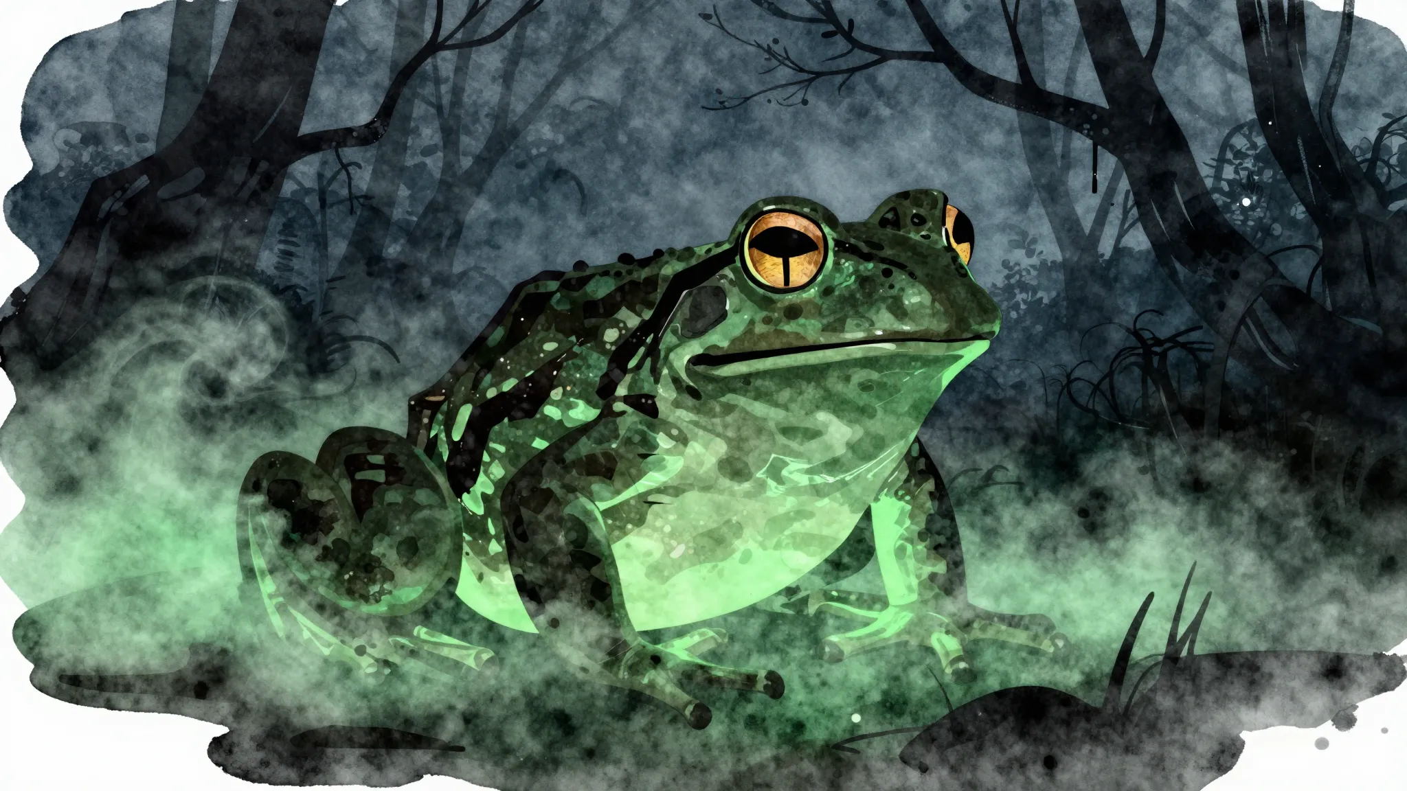 Watercolor style. Dark swamp silhouette of a giant frog, glo...