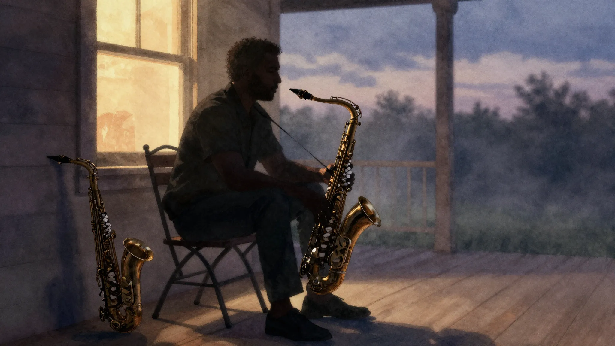 Watercolor style. A silhouette of a man sitting on a porch a...