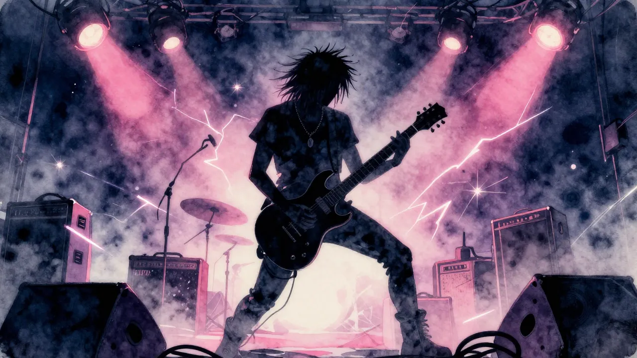 Watercolor style. Neon Punk rock concert aesthetic, shadowy ...