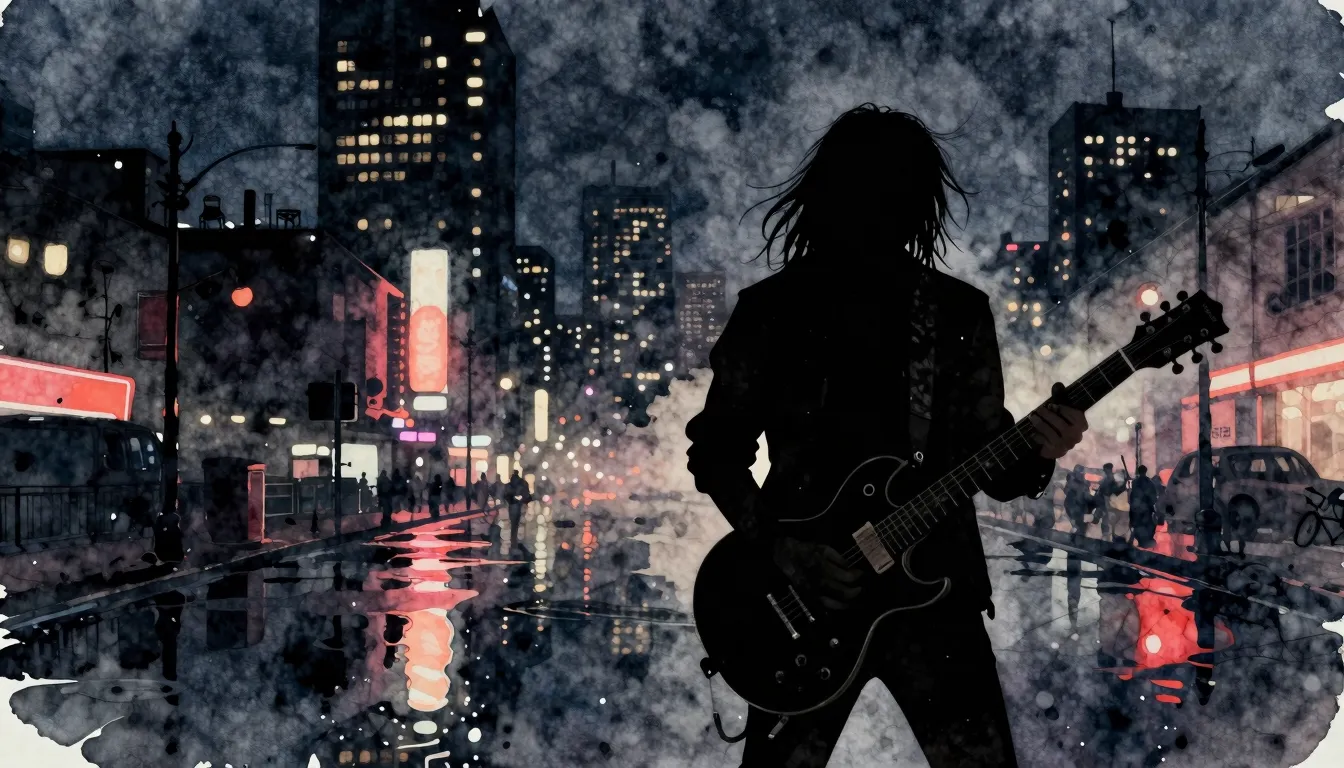 Watercolor style. Silhouette of a dark city at night, neon l...