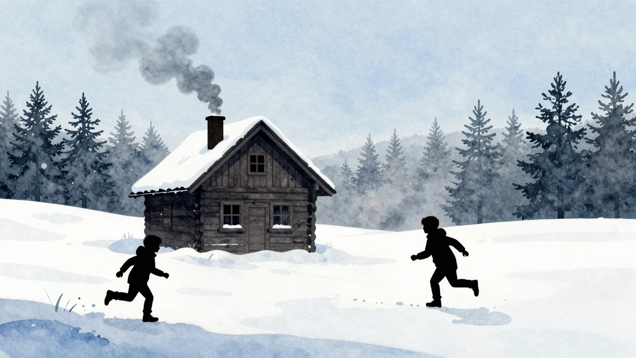 Watercolor style. Silhouette of a small wooden house in a sn...