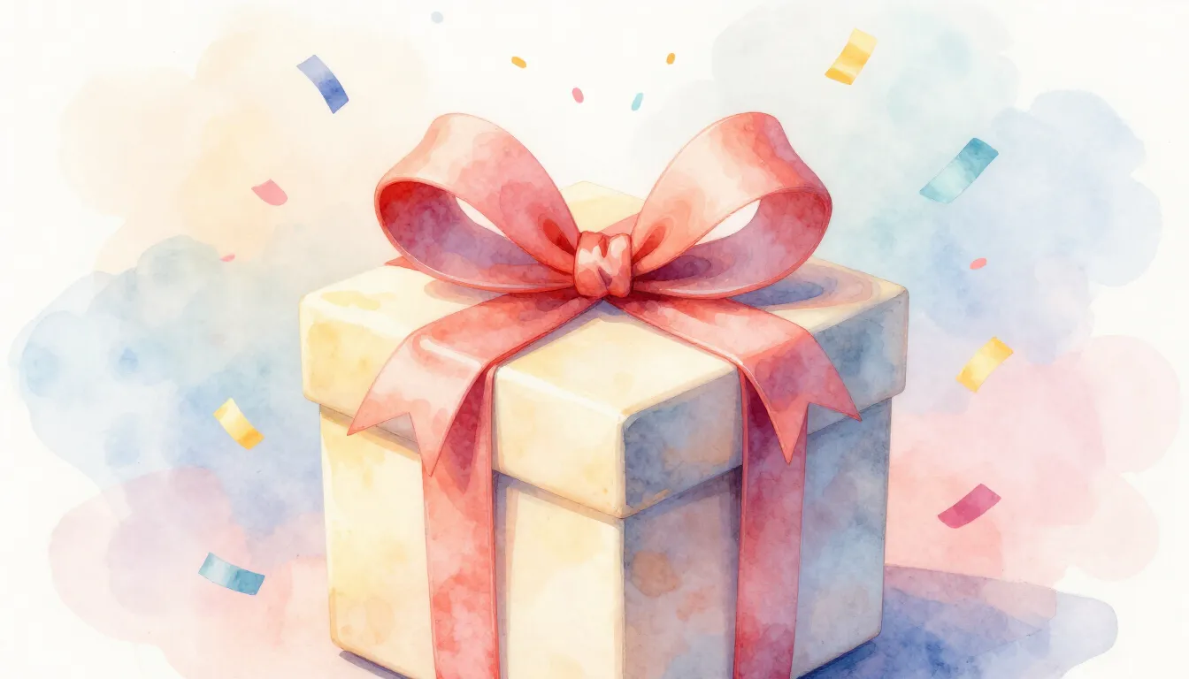 Watercolor style. A bright gift box with a large satin bow, ...
