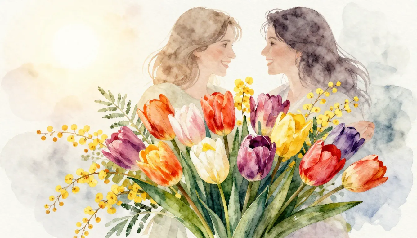 Watercolor style. Spring flowers bouquet, colorful tulips an...