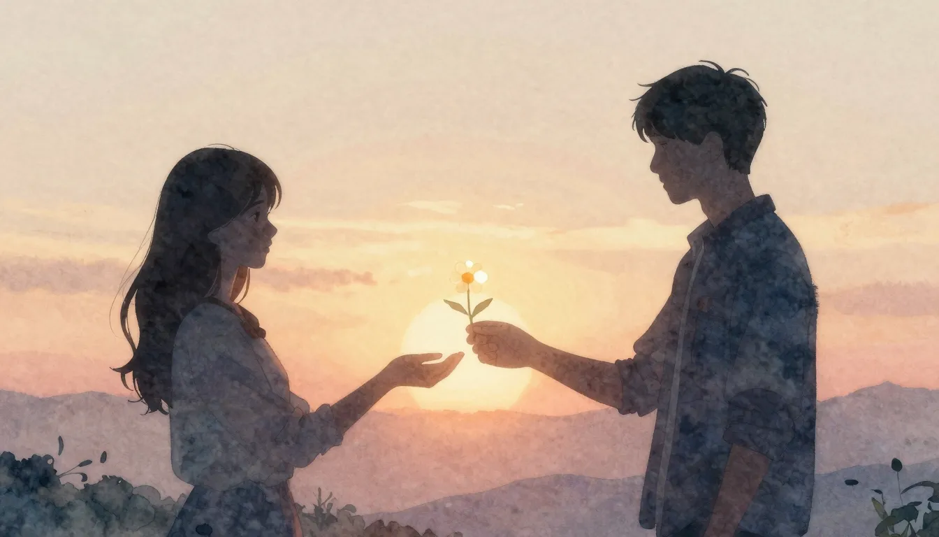 Watercolor style. A silhouette of a person handing a glowing...