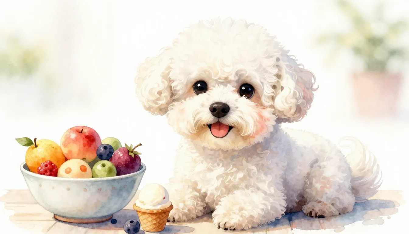 Watercolor style. A small cute dog with curly white fur, shi...