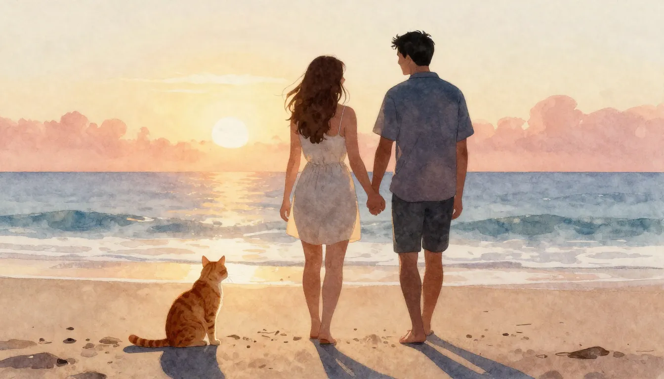 Watercolor style. A silhouette of a couple walking on a sunn...