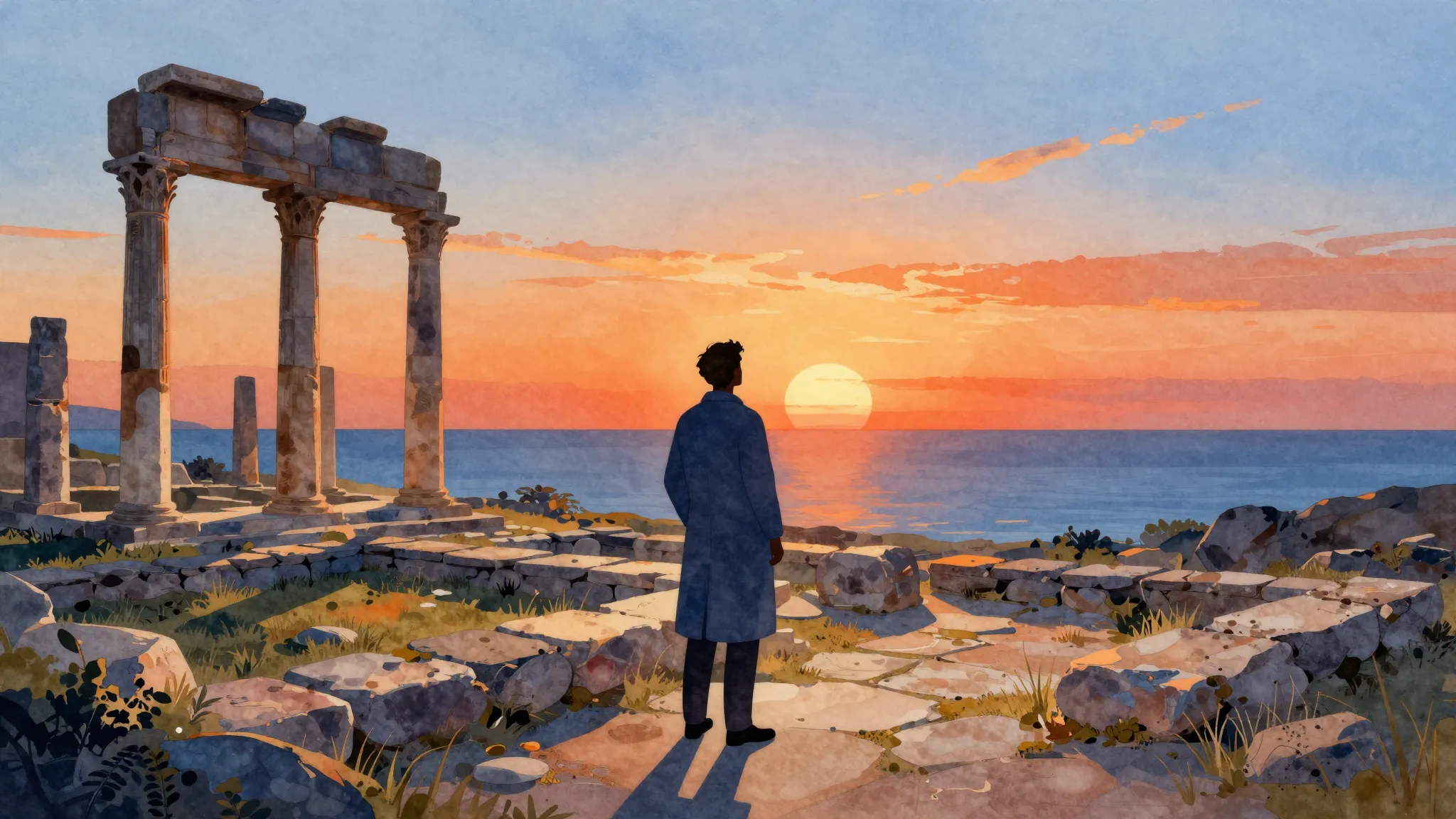 Watercolor style. Stylized silhouette of a researcher lookin...