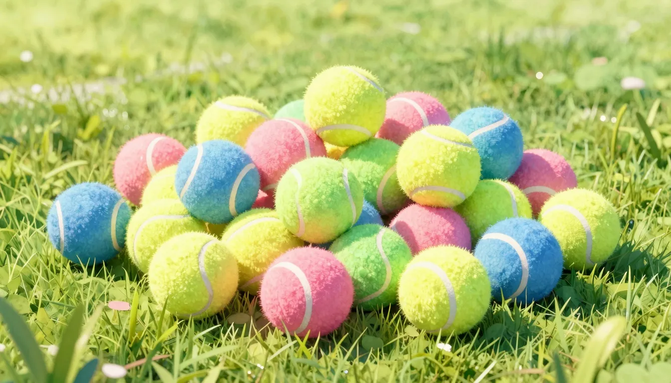 Watercolor style. A vibrant pile of multi-colored tennis bal...