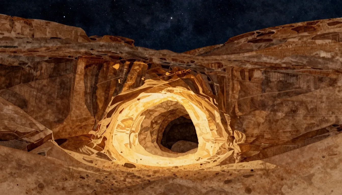 Watercolor style. A silhouette of an ancient cave entrance n...