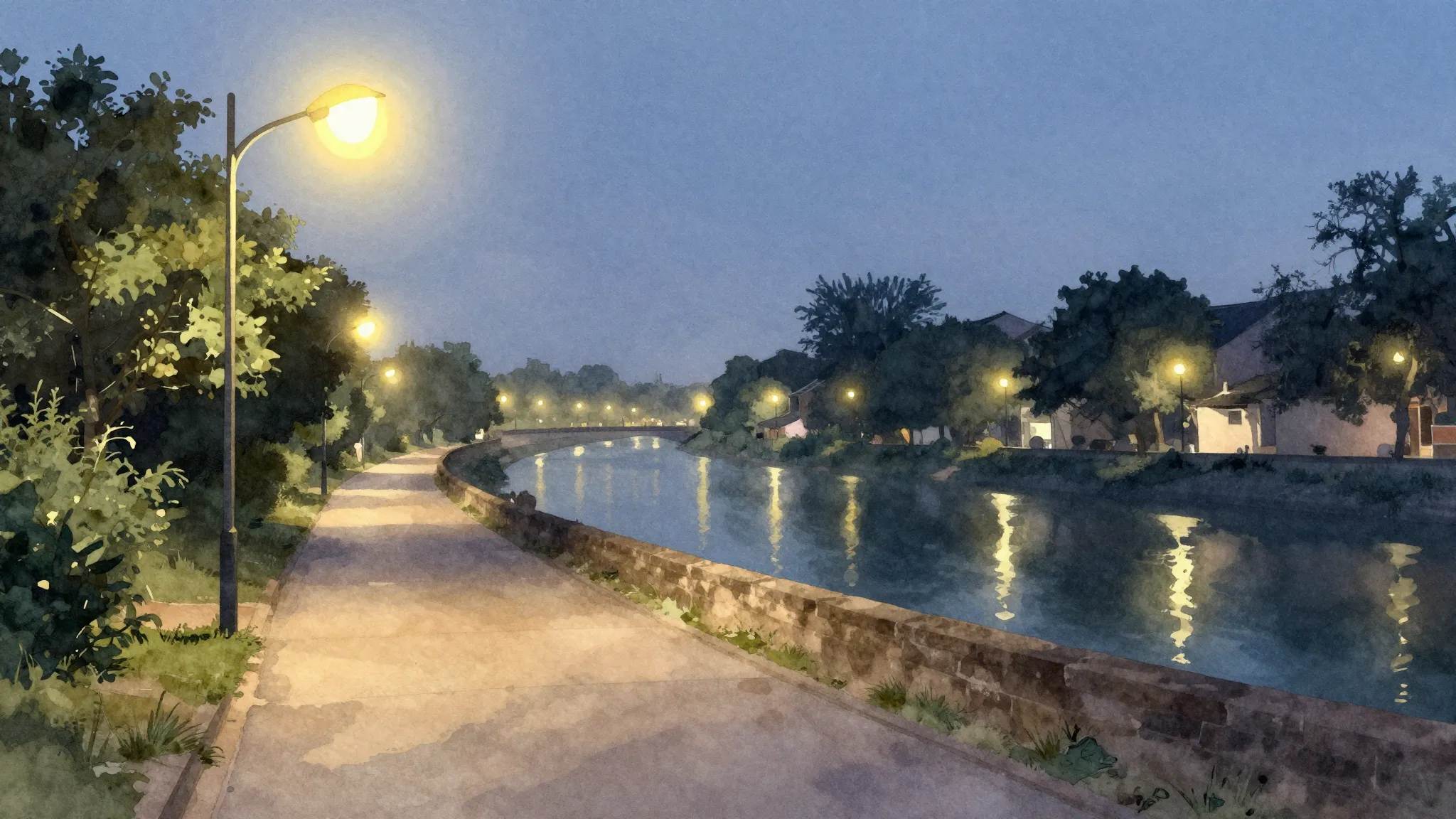 Watercolor style. A quiet evening street with glowing street...