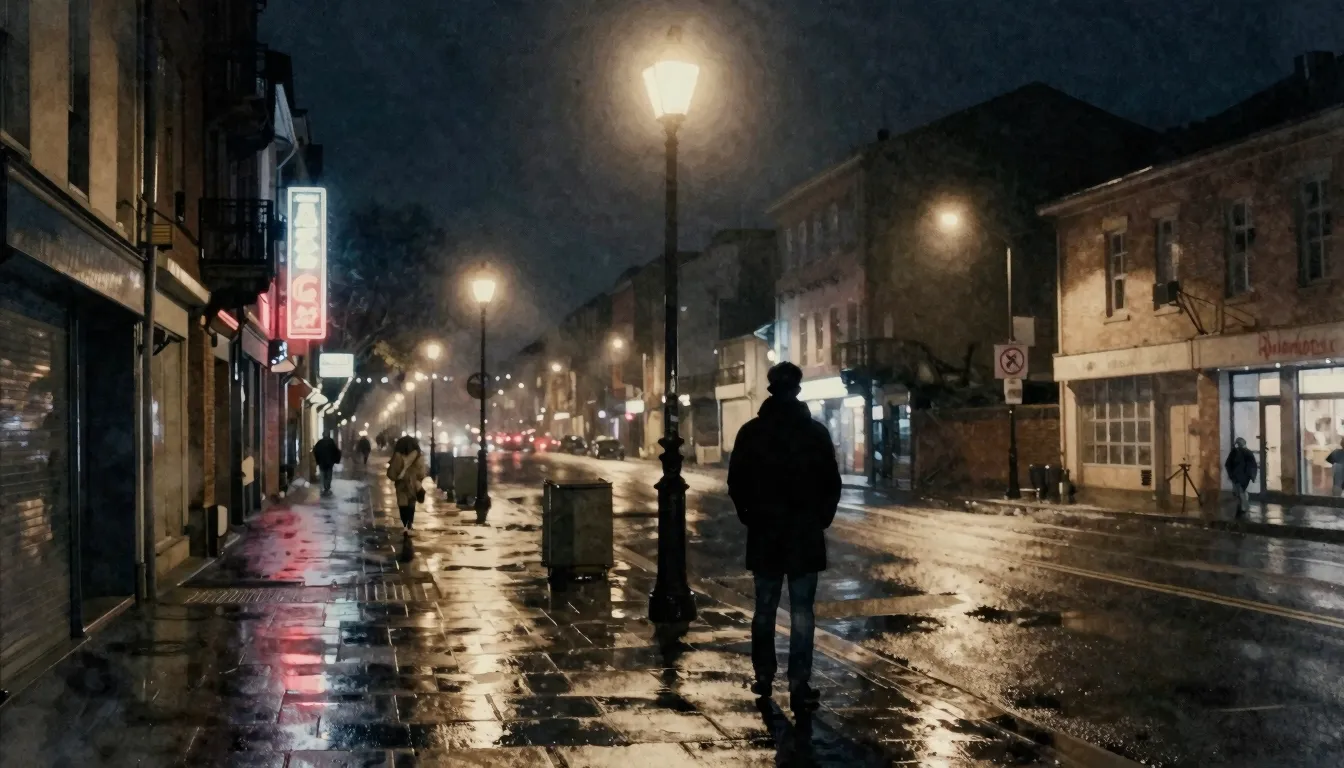Watercolor style. A dark city street at night, illuminated b...