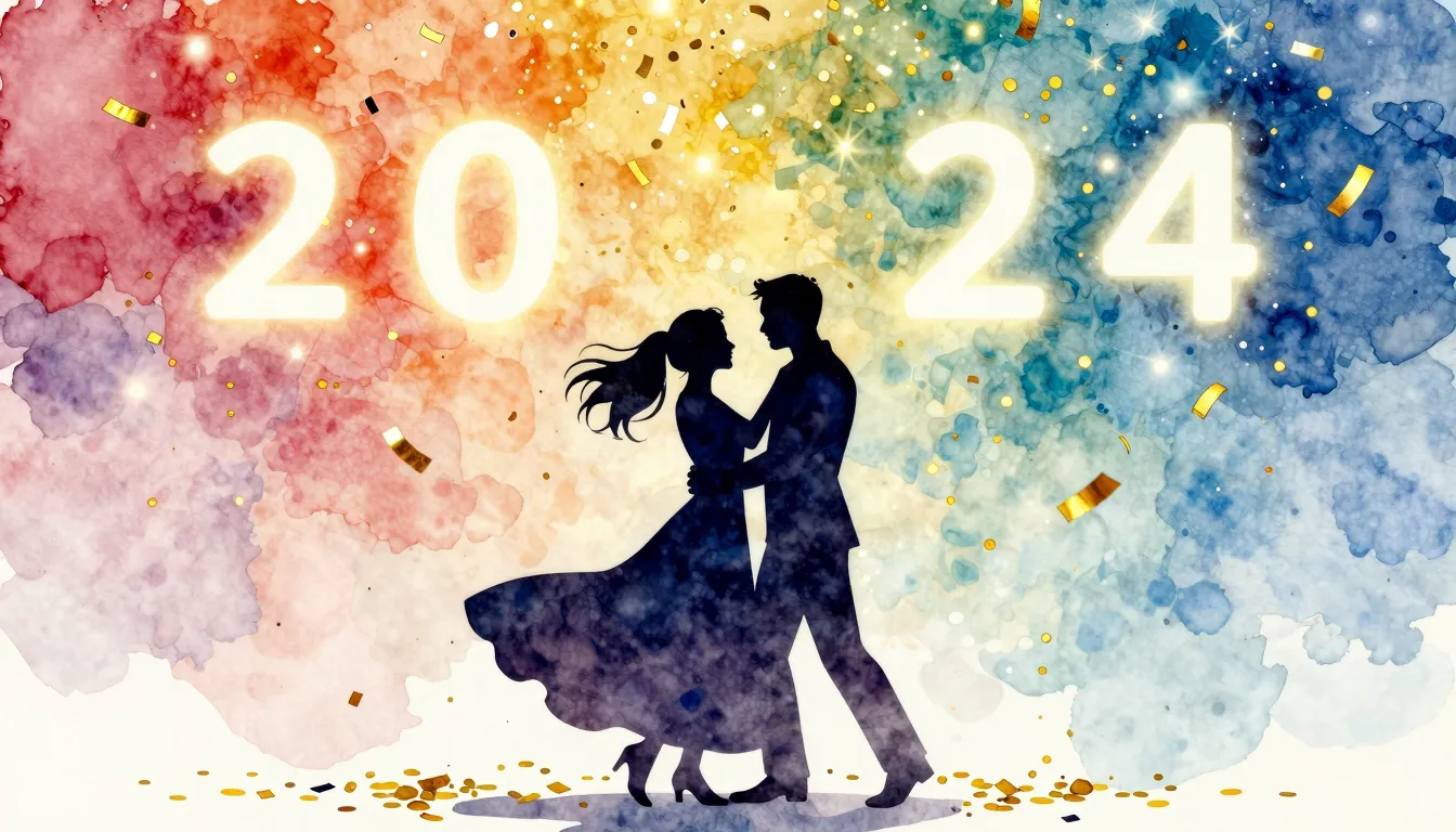 Watercolor style. Silhouettes of a couple dancing under a sh...