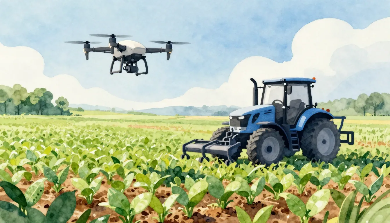 Watercolor style. Stylized agricultural landscape with a dro...