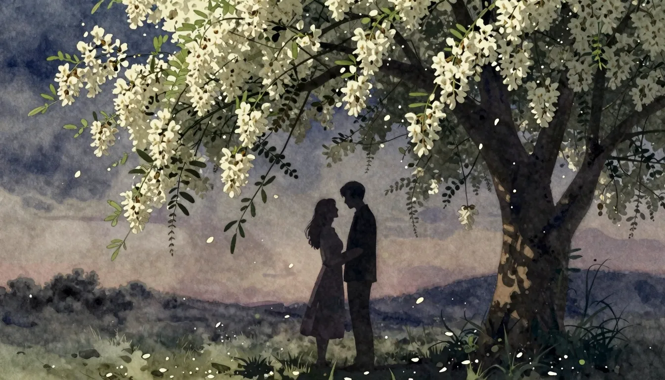 Watercolor style. A silhouette of a couple under a blooming ...