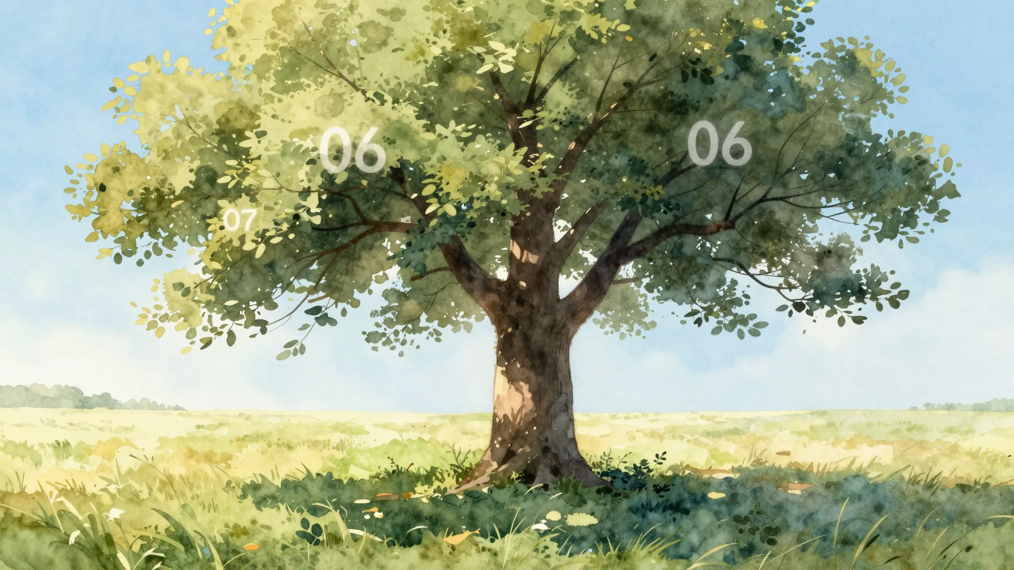Watercolor style. Silhouette of a large tree in a sunny fiel...