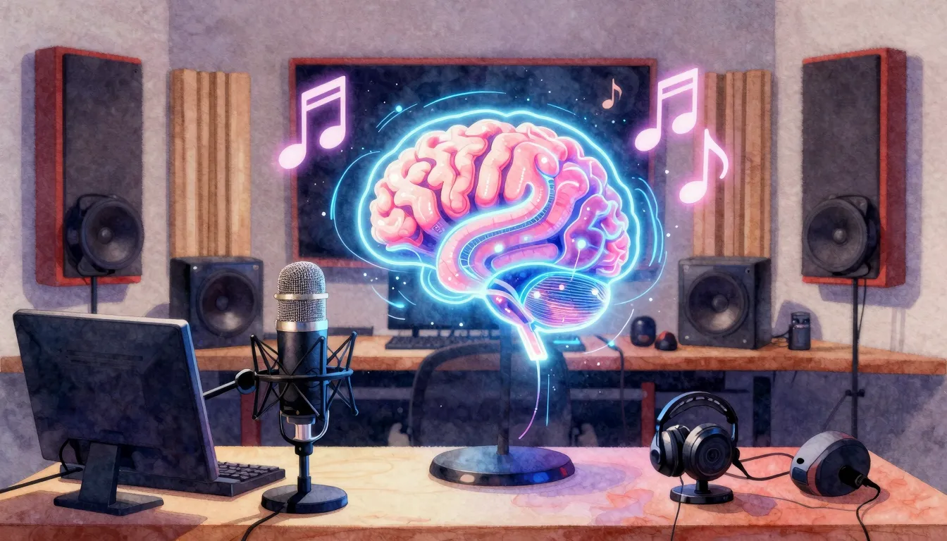 Watercolor style. A cozy home music studio with a glowing fu...