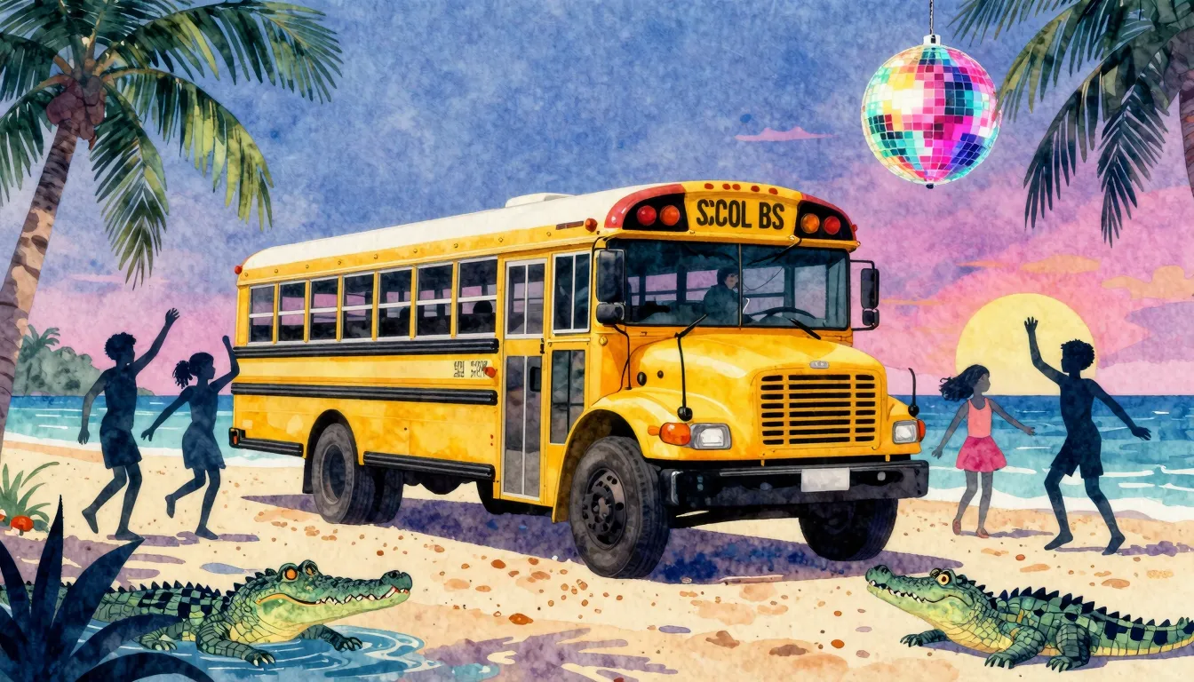 Watercolor style. A retro yellow school bus stuck on a tropi...