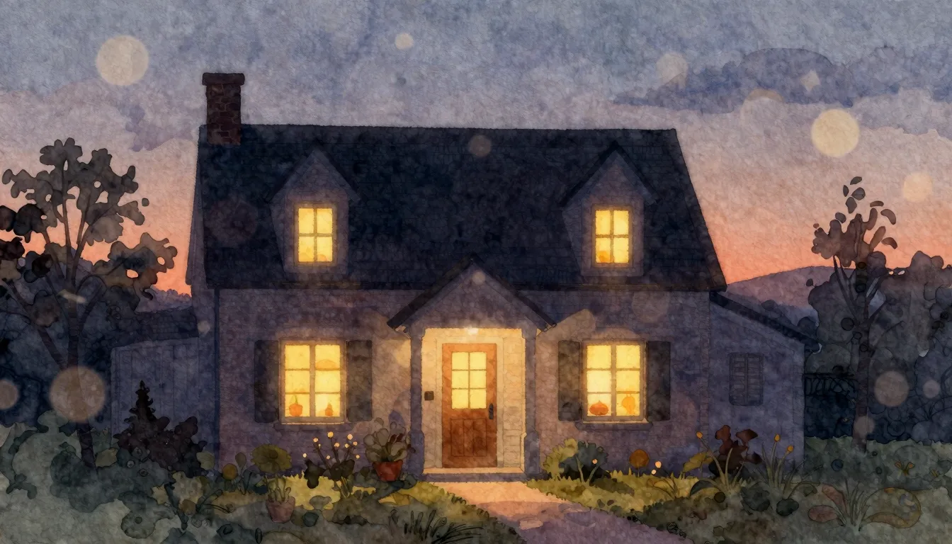 Watercolor style. A cozy house silhouette at twilight, warm ...