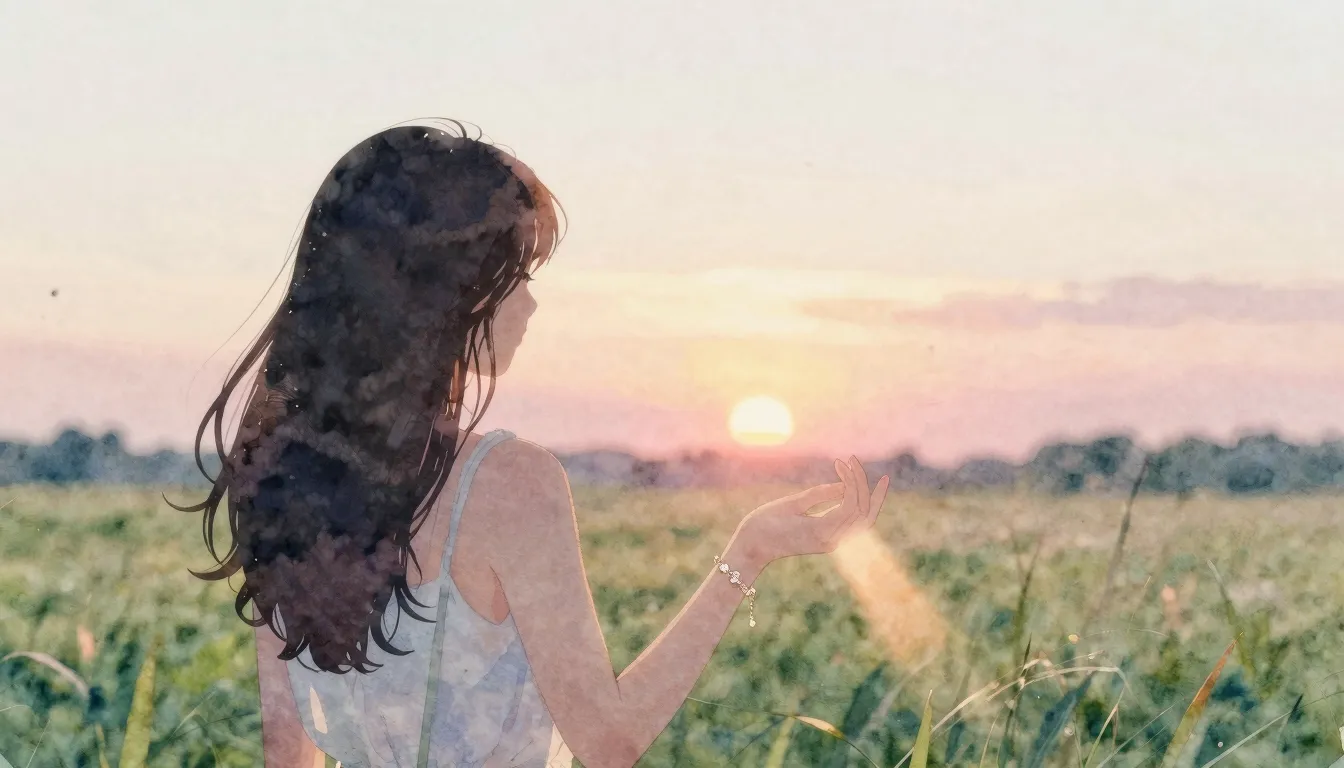 Watercolor style. A silhouette of a woman gazes at the dista...