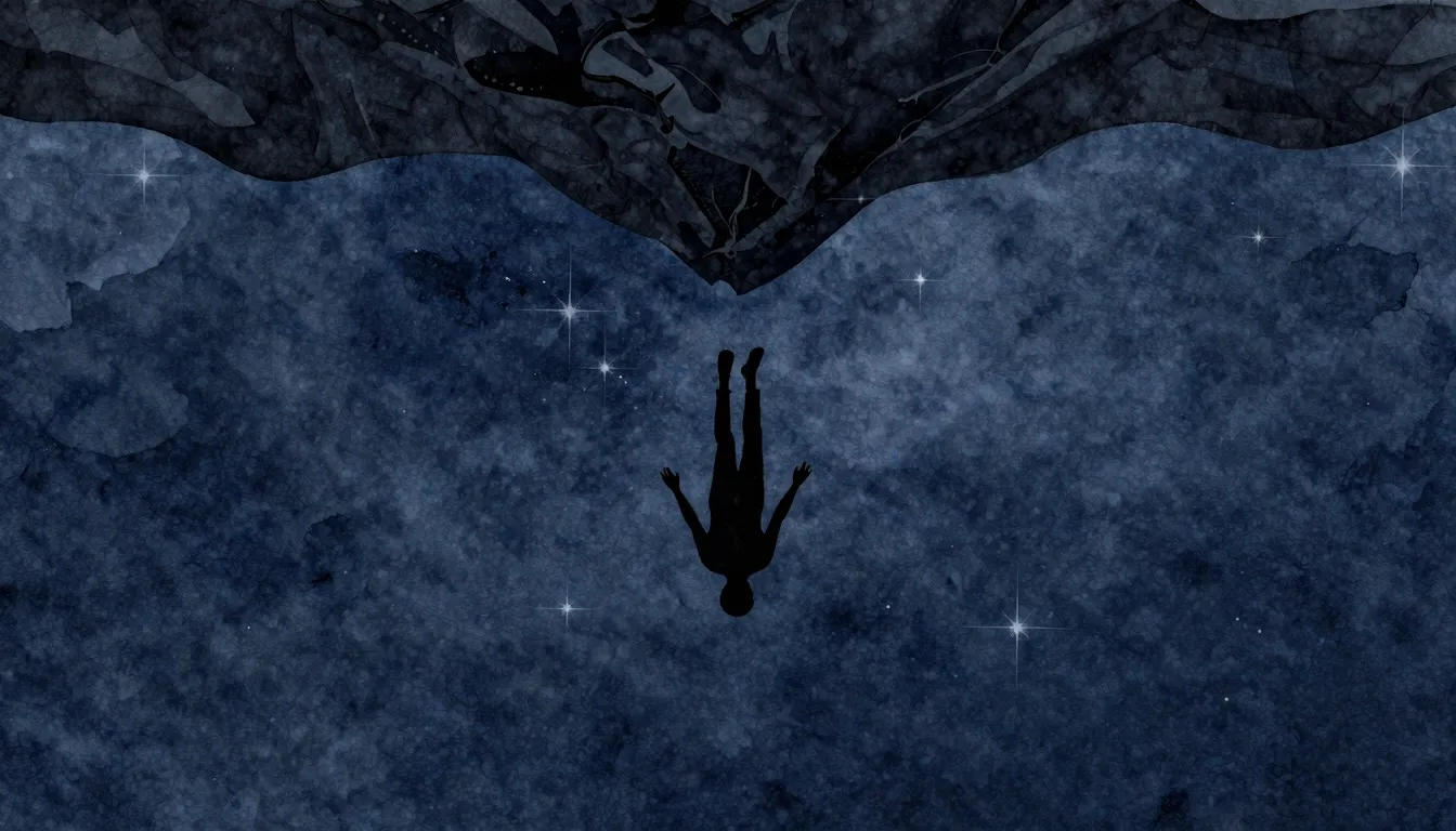 Watercolor style. Silhouette of a person falling upwards int...