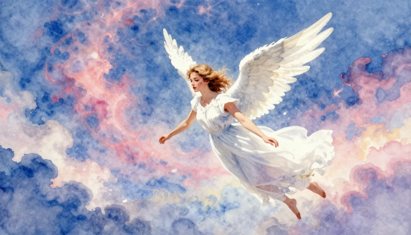 Vibrant watercolor style. A beautiful white angel falling gr...
