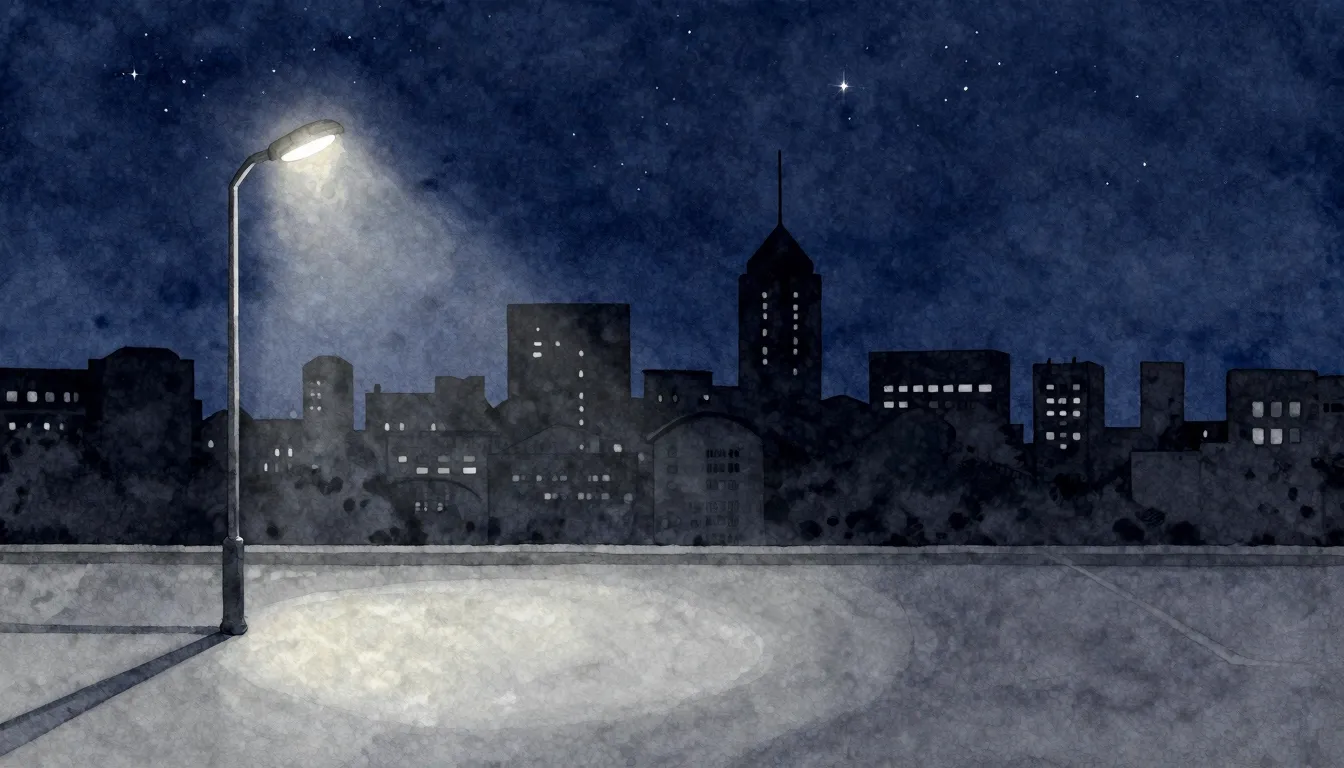 Watercolor style. A dark silhouette of a city skyline at nig...