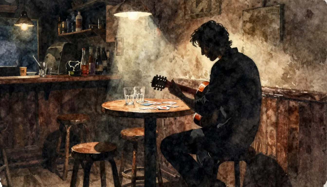 Watercolor style. A dimly lit tavern, a silhouette of a man ...