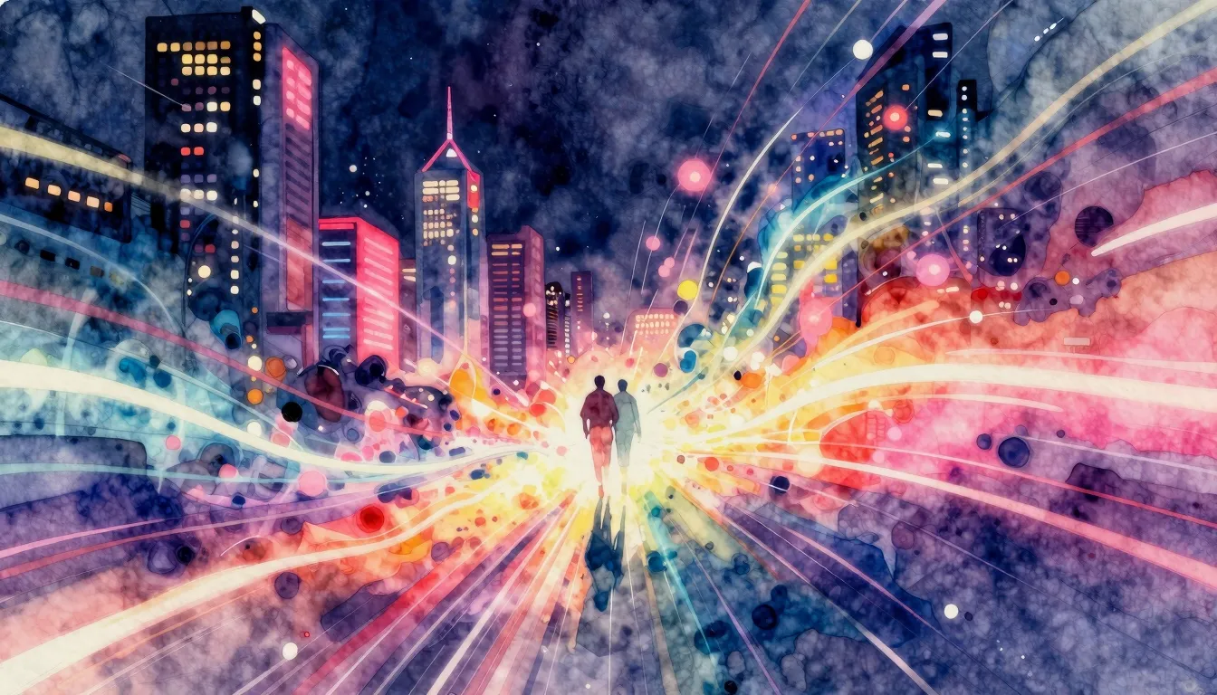 Vibrant watercolor style. Rap album cover: vibrant city ligh...