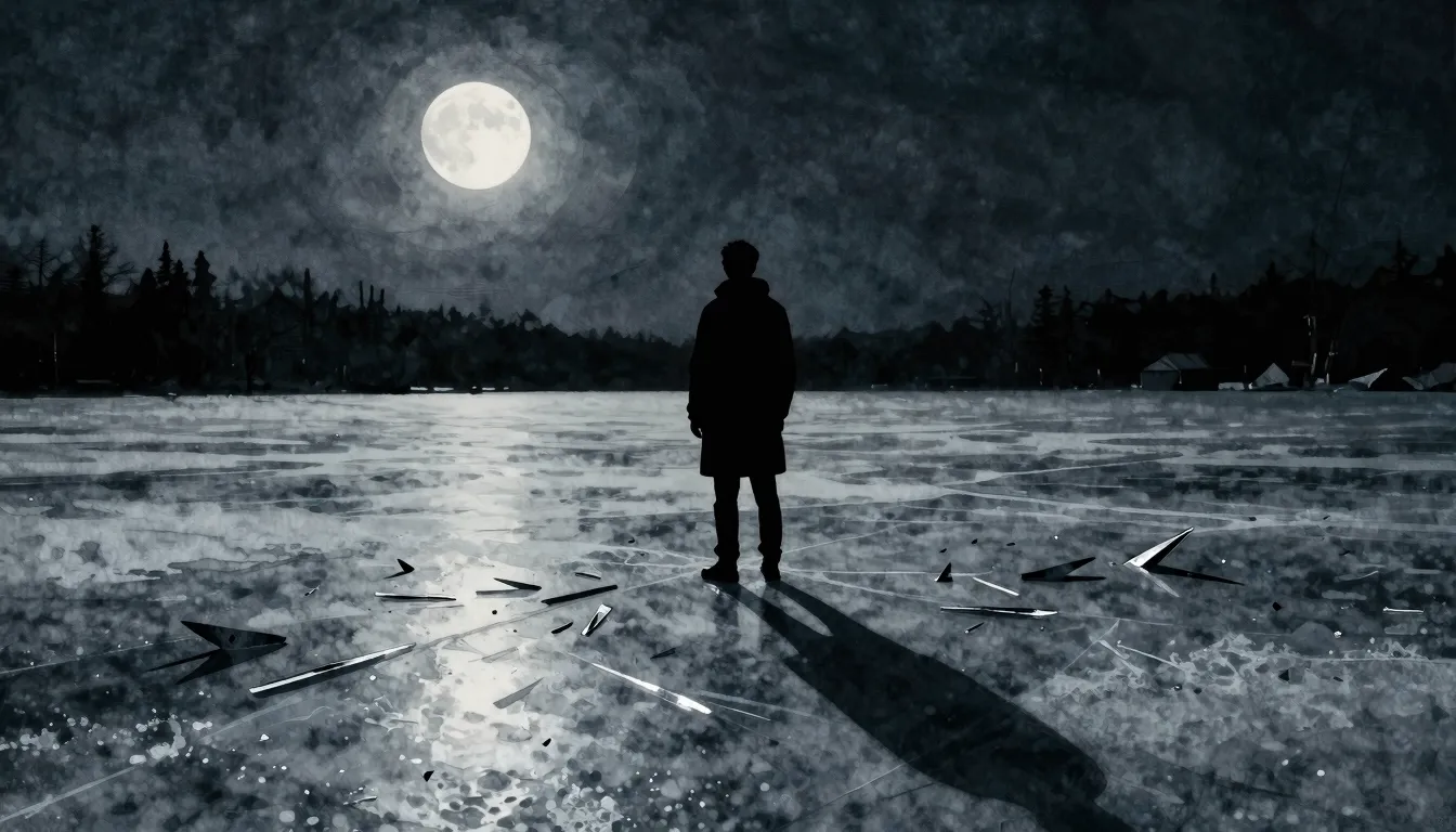 Watercolor style. A lone silhouette stands on a frozen lake ...