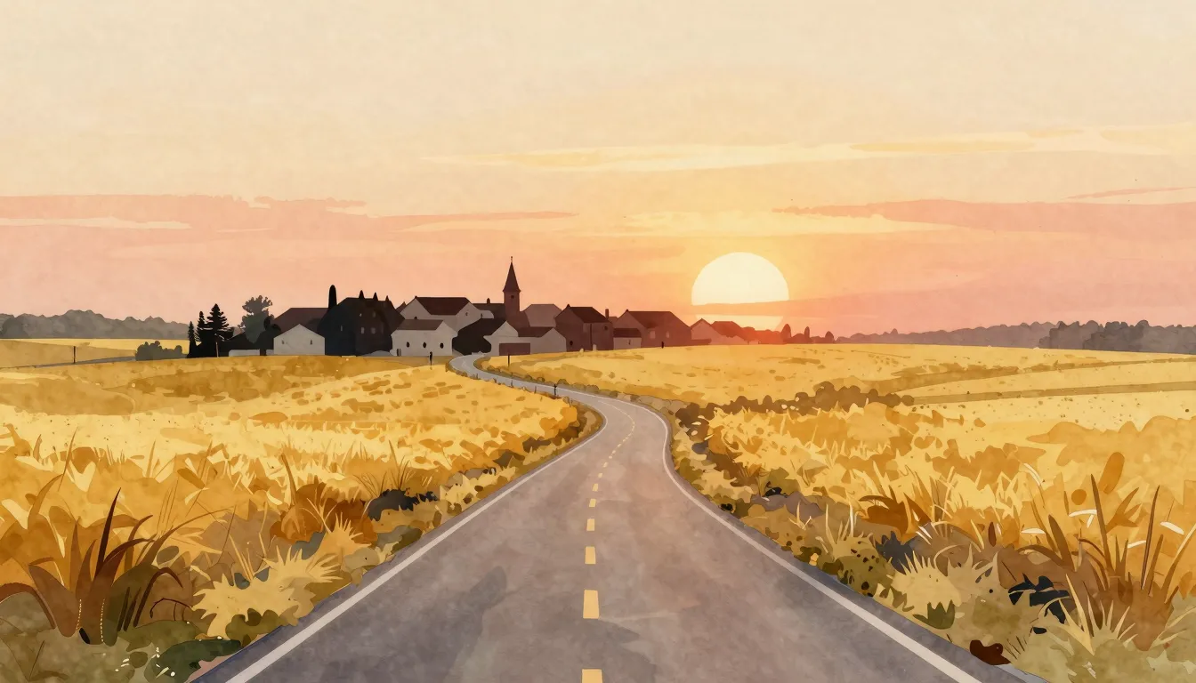 Watercolor style. A winding road leading to a small village ...