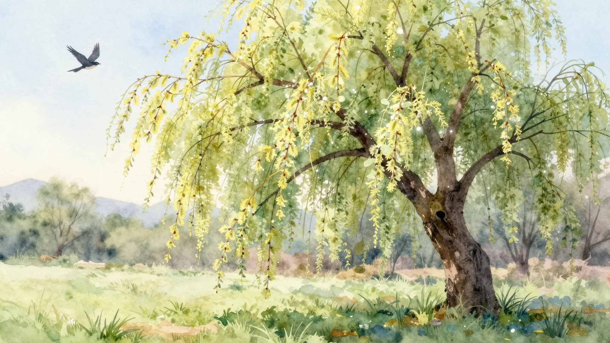 Watercolor style. A beautiful spring landscape with a bloomi...