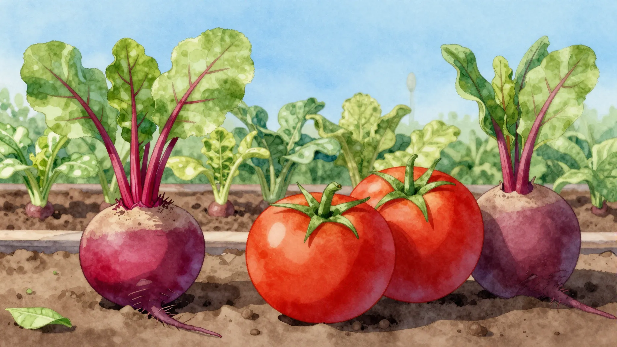 Watercolor style. A vibrant, sunlit vegetable garden. In the...