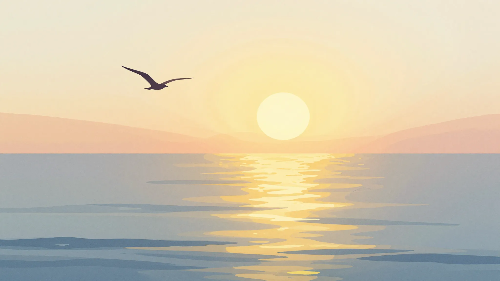 Watercolor style. A bright sunrise over a calm ocean, warm g...