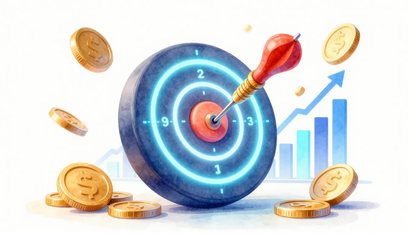 Watercolor style. A 3D dart hitting the center of a glowing ...