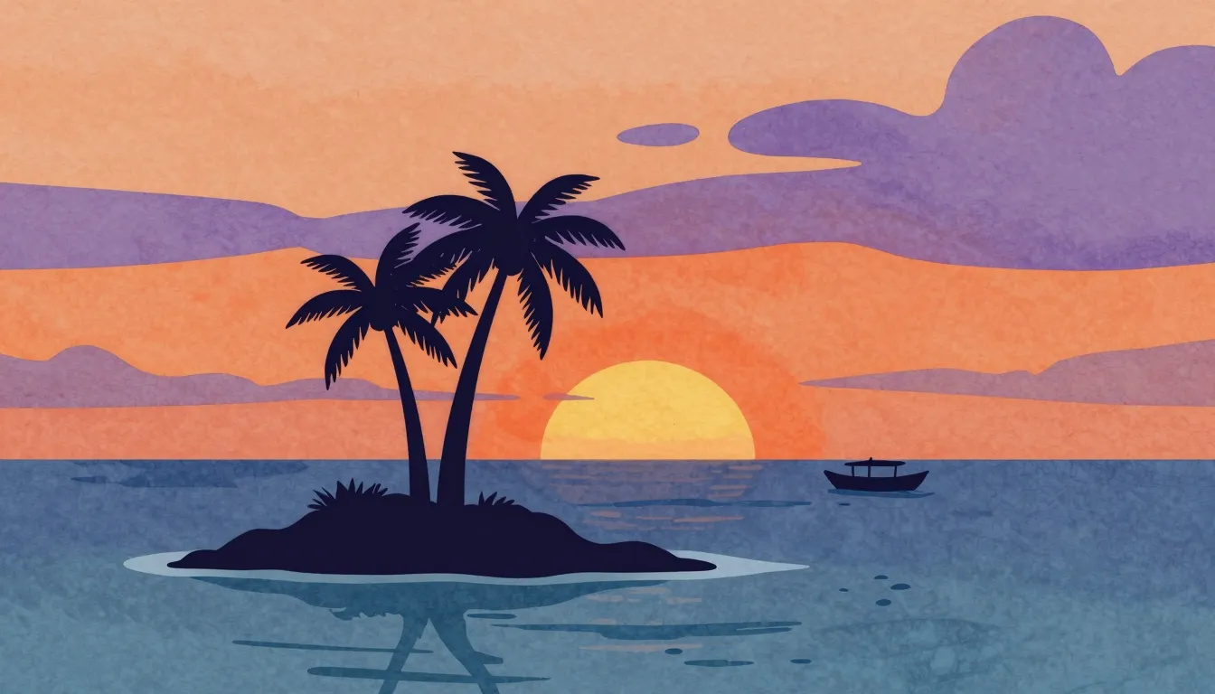 Watercolor style. A small tropical island with a single palm...